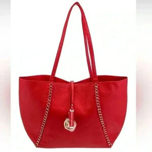 NWT Badgley Mischka Red with Gold Decorative Chain Pebbled Tote